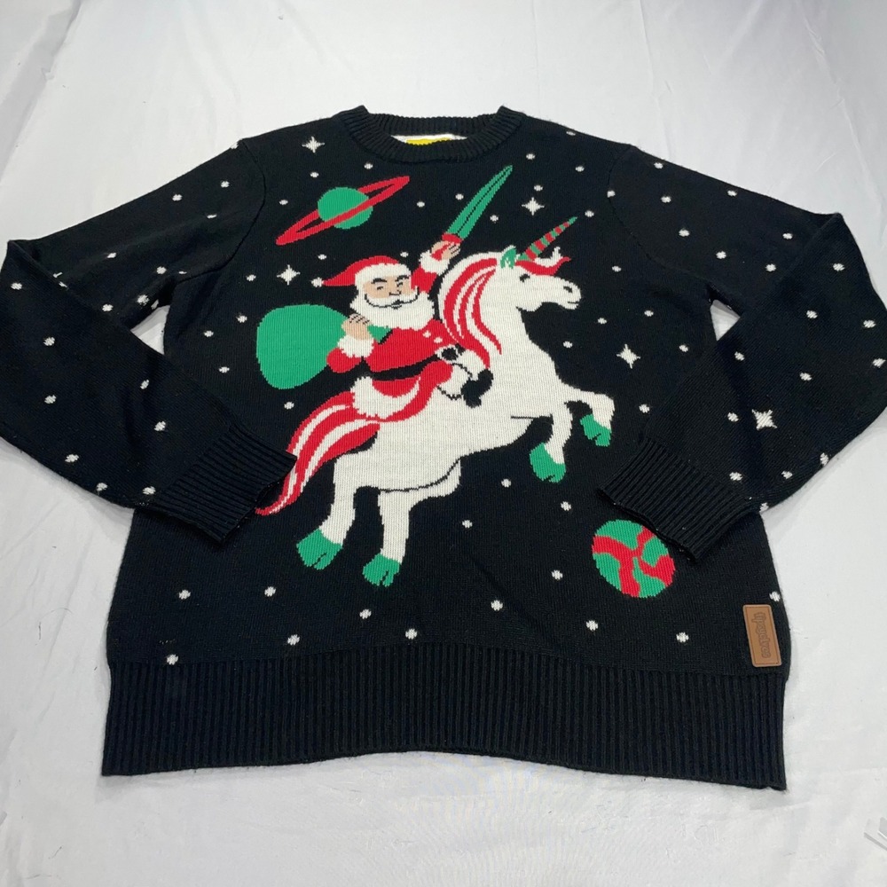 Tipsy Elves Mens XL Santa Riding Unicorn Space Christmas Ugly Sweater Black Knit